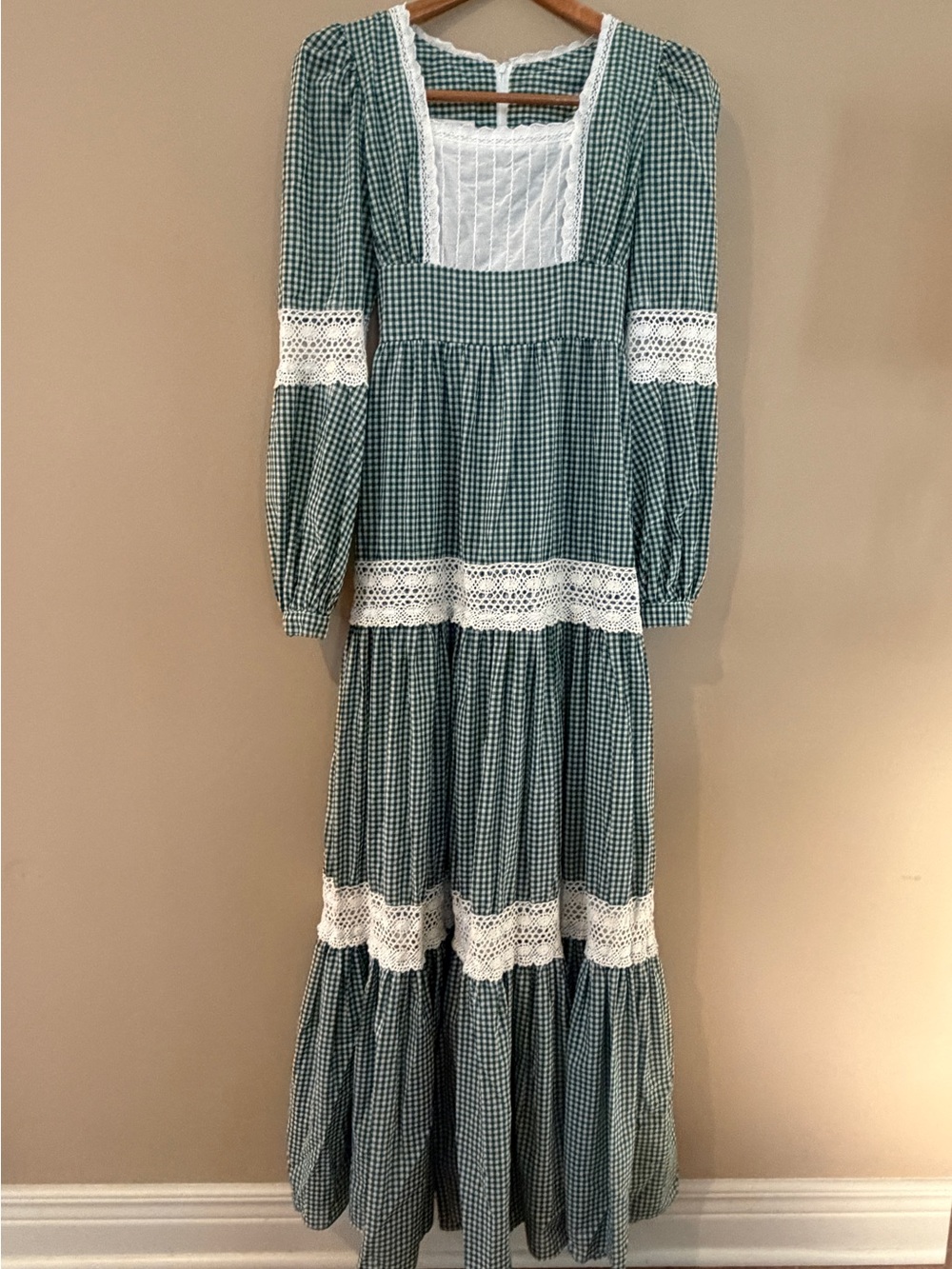 Vintage 70s Gunne Sax Jessica Green Gingham Prairie Maxi Dress Lace Boho 7